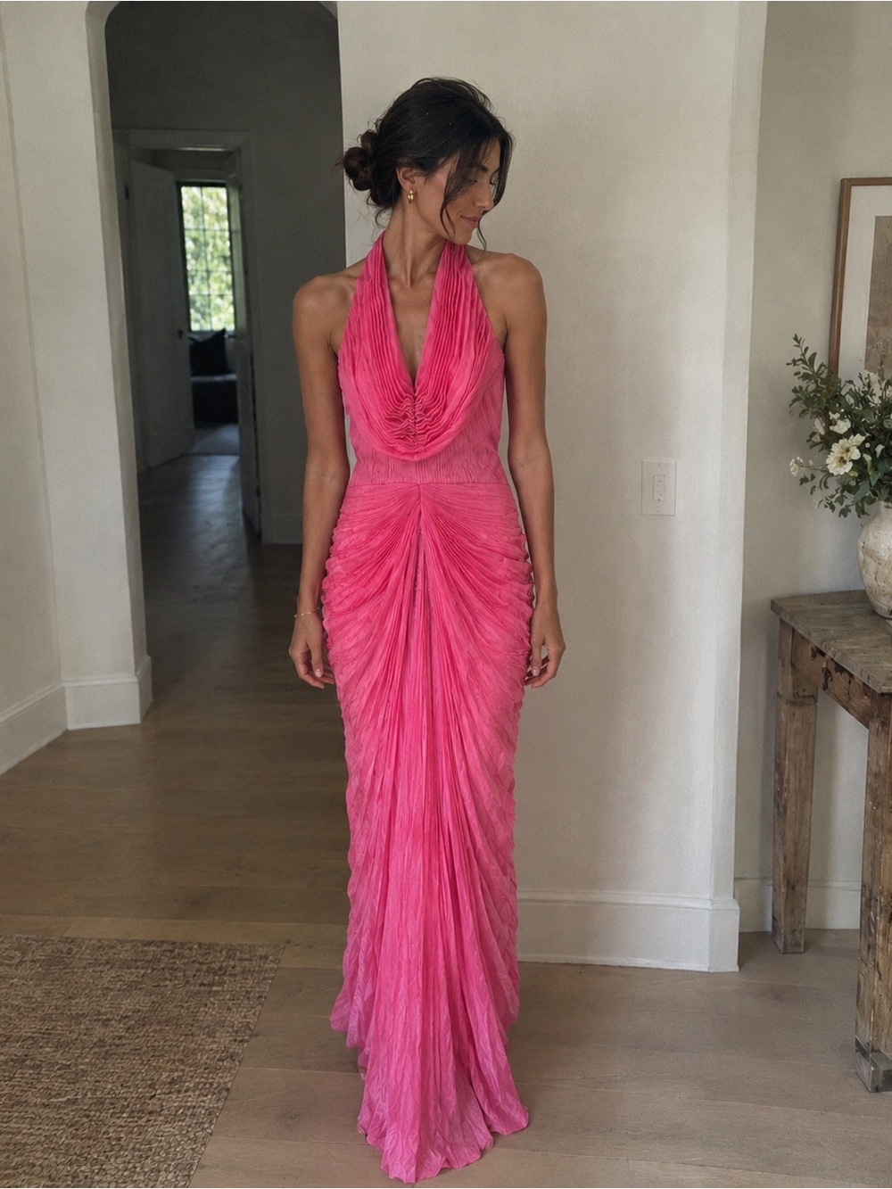 AMUR Enly Pleated Ruched Halter Maxi Dress